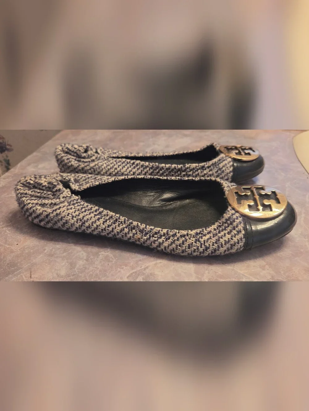 Tory Burch Black and Cream Tweed Ballet Flats with Gold Logo